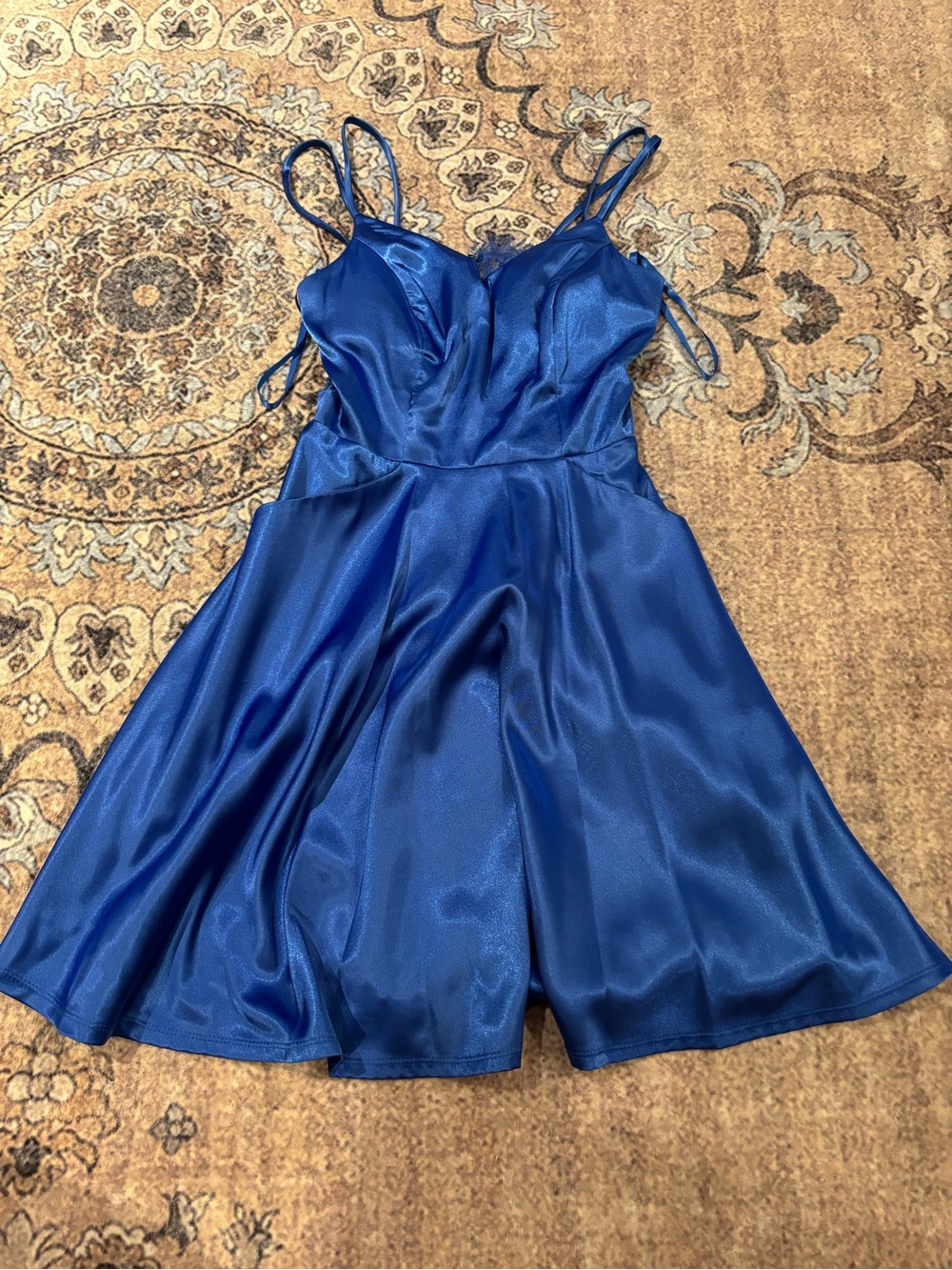 City Studio Lace-Trim Spaghetti Strap Dress in Cobalt Blue